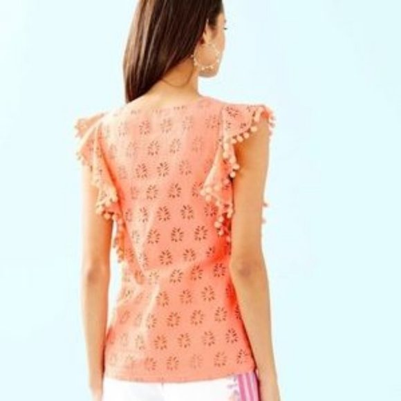 Lilly Pulitzer Astara Top Peach Palm Tree Eyelet Pom Pom Sleeve V Neck Blouse S - Picture 4 of 12